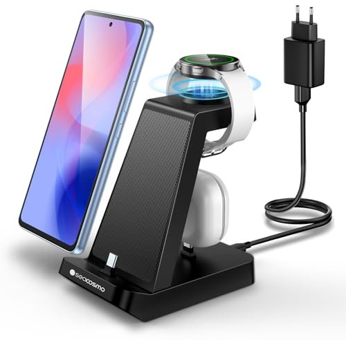 seacosmo 3 en 1 Station Recharge pour Samsung, Chargeur pour A16/A15/A05S/A25/S24 Série, Chargeur sans Fil pour Galaxy Watch 7/6/5 Pro, Support Charge pour Galaxy Buds et Appareils avec Prises Type-C