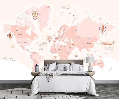 MIWEI Wallpaper Papier Peint Panoramique Carte Du Monde Rose Papier Peint 3D Tapisserie Decoration Poster Murale Chambre Salon -F019-200cmX140cm