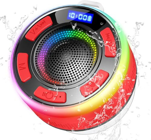 Altavoz Bluetooth Ducha, IP7 Impermeable Altavoz Ducha con Ventosa, Altavoces Inalámbrico Portátil con RGB Luz Colorida, 8 Horas Estéreo, Pantalla LED,USB-C,para Ducha Playa Acampar Hogar Piscina Rojo