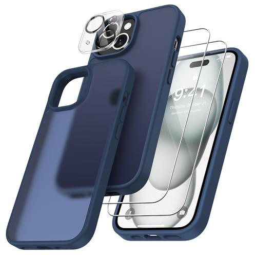 FLLAO 4 en 1 Coque pour iPhone 15 avec 2 Verre Trempé et 1 Caméra Protecteur, [Coussin d'air Intégré] Antichoc Antirayures Bumper Protection Housse pour iPhone 15 6.1, Bleu foncé