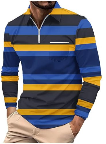 Polo à manches longues pour homme - En coton - Couleur - Poche à coudre - T-shirt de golf - Coupe ajustée - Pour homme - Manches courtes - Coton rayé, #3 - Noir, L