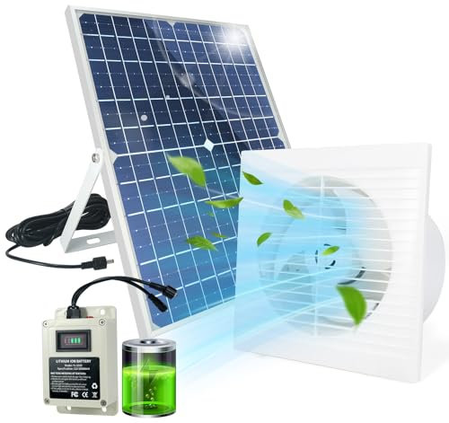 Solar Powered Exhaust Fan with Battery, 25 W Waterproof Solar Panel 8 Inch Ventilation Vent Fan Solar Fan for Greenhouse, Chicken Coop,Shed, Garage, Attic, Barn, Workshop,14.8ft Cable,5000mAh Battery