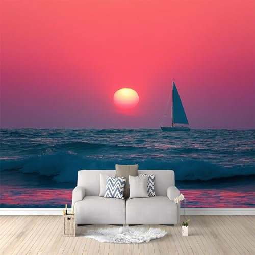 Wallpaper Photo Pink Panoramic Mural - Non-Woven Premium Tranquility Sunset Ocean Pattern Wall Mural Decoration Poster 200 x 140 cm Wall Mural Wallpaper for bedrooms Teenager Wallpaper