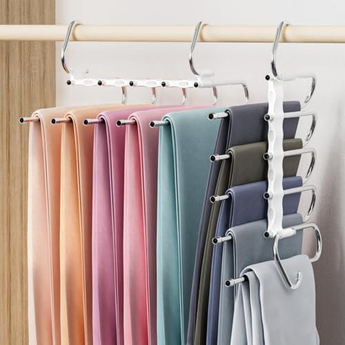 DAMITA Perchas Pantalones Percha Multiple Ahorra Espacio Antideslizantes Plegables 2 Piezas 5 en 1 Blanco De Acero Inoxidable Extensible para Pantalones Bufandas Vaqueros Ropa Perchero Vertikaler