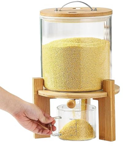 Aocay Reisbehälter, Rice Dispenser mit Messbecher Glas, Müslispender Glas, Versiegelter Cerealienspender Mit Manuellem Ventil, Stilvoll und Langlebig (5L)