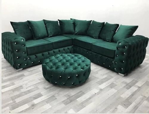 Luxuriöses, modernes grünes Chesterfield-Ecksofa aus Plüschsamt, 5-Sitzer, für Wohnzimmer, gepolstertes Streusofa mit stilvollem Design