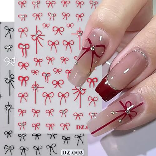 Yamobi 4 pcs nail sticker set, nail stickers for nail design, self-adhesive nail foil with 3D bow knot design, nail art stickers for gel nails and natural nails (black、red)
