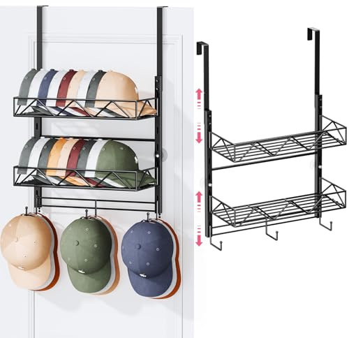 SWTYMIKI Over Door Hat Rack - 3 Tier Wall Mounted Hat Rack with 2 Adjustable Metal Basket and 3 Hooks, Hanging Baseball Cap Organizer Storage Holds up to 29 Caps for Door, Bedroom, Closet, Black