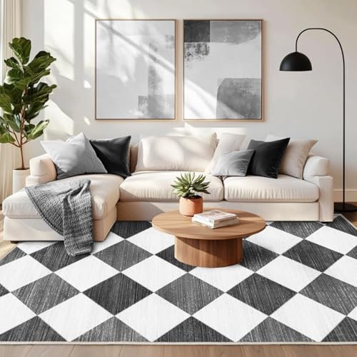 Chicnix Teppich Wohnzimmer Kurzflor, Schlafzimmerteppich Waschbar rutschfest Weich, Moderner Schachbrettmuster Teppich 140x200 für Schlafzimmer Kinderzimmer Büro Esszimmer, Grau Grau