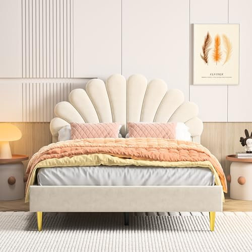 JYCRA Polsterbett Doppelbett 140 x 200 cm, Bettgestell mit Kopfteil in Blumenform Muschelform und Lattenrost, Samtstoff, für Erwachsenen Jugendbett, Mädchenbett (Beige) (Beige, 140x200 cm)