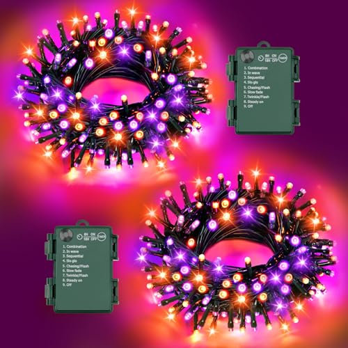 FFZZKJ Halloween Lights Outdoor 8 Modes Total 100 LED with Timer Waterproof 16.4Ft*2, 50LED*2 Fairy Lights Battery Operated for Halloween Decorations, Purple&Orange