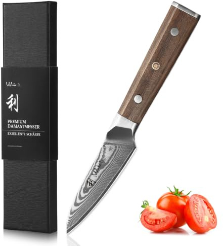 Wakoli Hickory Officemesser 8 cm Klinge, 67 Lagen Damaststahl mit VG10-Kern | Walnussholzgriff, Vollerl, 15° V-Schliff beidseitig, 60 ± 2 HRC, für Obst, Gemüse und präzise Feinarbeiten, inkl. Geschenkbox