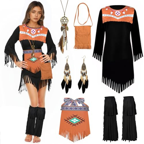 Indianer Kostüm Damen, Indianer Costume Set für Erwachsene Schwarz, mit Damenkleid, Beutel, Stirnband,Beinkleider, Gürtel, Feder-Halskette, Ohrringe, ideal für Karneval oder Mottoparty (L)