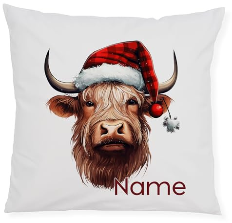 GRAZDesign Personalisierte Kissenhülle Hochlandrind und Weihnachtsmütze – Kissenbezug 40×40 cm flauschig weich – Weihnachtskissen mit Namen