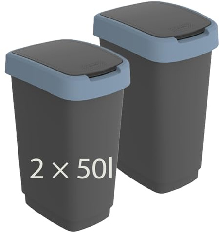 Rotho Twist 2er-Set Mülleimer Küche 50 L mit Deckel aus PP Anthrazit/Blau | Papierkorb, zwei getrennte Abfalleimer für Mülltrennung, Schwing- und Klappdeckel, schmale eckige Form, breiter Deckelrand