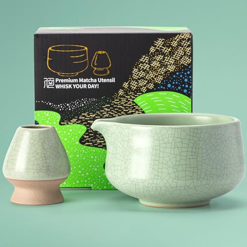 TEANAGOO Matcha Bowl with Spout,Ceramic Matcha Bowl Set and Whisk Holder,2 PCS Macha Chawan 17.2oz/510ml,Matte Light Green with Black Seam with Stand,Green Tea Bowl,Gift Set for Lover