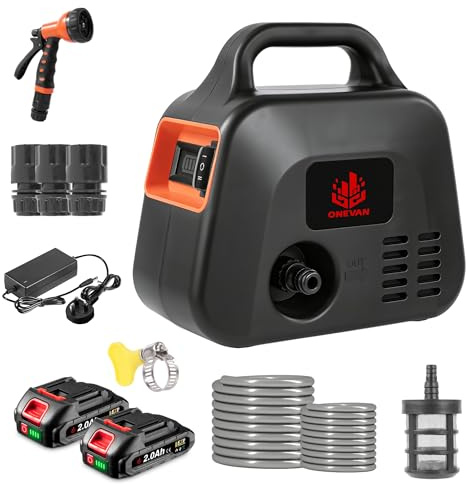 Electric Water Pump - Portable Cordless Transfer Pump, Digital Display Garden Water Pump with 2 * 2.0Ah Battery, 10M Hose, 3m Water Inlet Pipe, 7 Modes Shower Head, for Pond Draining/Garden/Tank