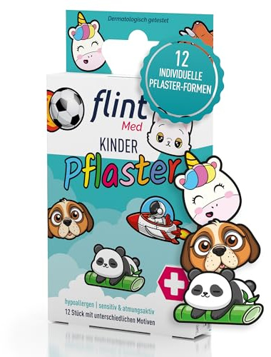 flint Med Kinderpflaster - Motivpflaster, sensitiv & hypoallergen, 12 Stück | Bunte Kinderpflaster mit antiseptischer Wundauflage; atmungsaktiv, sensitiv und dermatologisch getestet