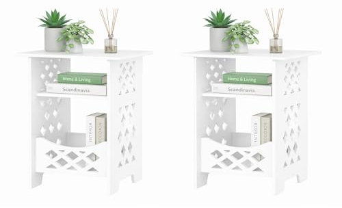 CROWNSHOP Small Side Tables 2PCS 3-Tier Storage Shelf White for Living Room | Compact End Table Works as a Bedside Stand or Lamp Table, Ideal for Bedrooms, Bathrooms, Offices, Hallways and Small Spaces