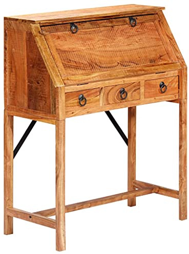 Hoopleep Schreibtisch 90x40x107 cm Massivholz Akazie, Vintage Sekretär mit ausziehbarer Schreibplatte, 4 Schubladen, Bücherregal, fertig montiert, Home Office