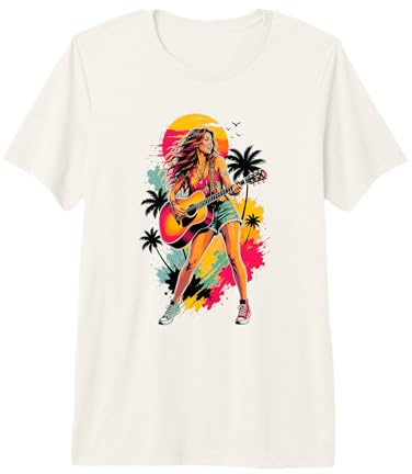 Tropical Guitar Girl Sunset Palm Summer Music Vibes Premium T-Shirt