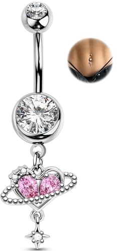 OUFER Body Piercing Bauchnabelpiercing 14G Heart Saturn Belly Button Ring 316L Stainless Steel 10mm Navel Piercing Pink/Clear CZ Dangle Hypoallergenic Navel Jewellery