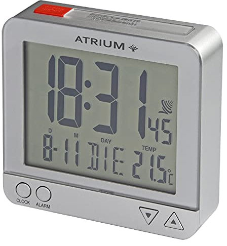 Atrium Funkwecker Reisewecker klein Digital Quarz LCD sensorgesteuertes Nachtlicht Beleuchtung Silber A740-19