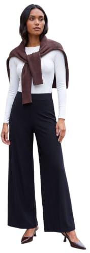Roman Wide Leg Trousers for Women UK Ladies Palazzo Pants Evening Jersey Elasticated High Waist Smart Flared Culotte Office Work Going Out Loose Crepe Bottoms - Black - Size 18