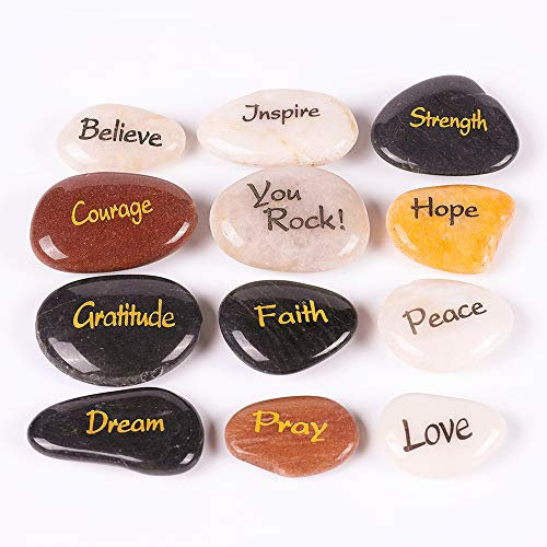 ROCKIMPACT 12 Steine mit Spruch Gravierte Steine Gravur Inspirierende Glücksbringer Ermutigung Geschenk, Verschiedene Sprüche, 5-8cm