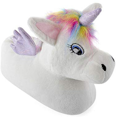 Kinder Mädchen Hausschuhe 3D Neuheit Plüsch Tier Einhorn Hase Warm Gemütlich Flauschig Geschenk, - 3D Weiß Lila Einhorn - Größe: 32 EU