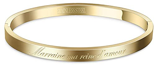 AURSTORE® Bracelet Jonc Fin en Acier Inoxydable 316L avec Message Phrases d'Inspiration Largeur 4 mm Plusieurs Messages au Choix Couleurs Doré (Marraine Ma Reine D'amour)