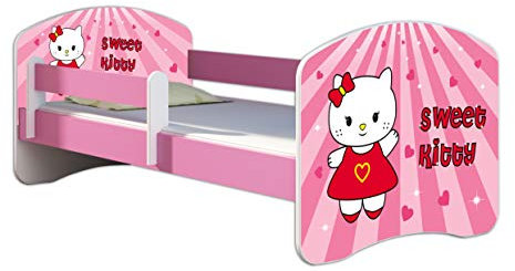 Kinderbett Jugendbett mit einer Schublade und Matratze Rausfallschutz Rosa 70 x 140 80 x 160 80 x 180 ACMA II (15 Sweet Kitty, 70 x 140 cm)