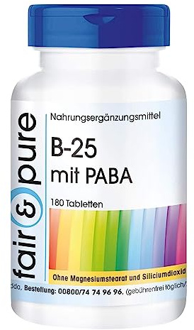 Fair & Pure Vitamin B-25 mit PABA, 180 Tabletten, Vitamin-B-Komplex hochdosiert, Nahrungsergänzungsmittel vegan ohne Magnesiumstearat, in Deutschland hergestellt