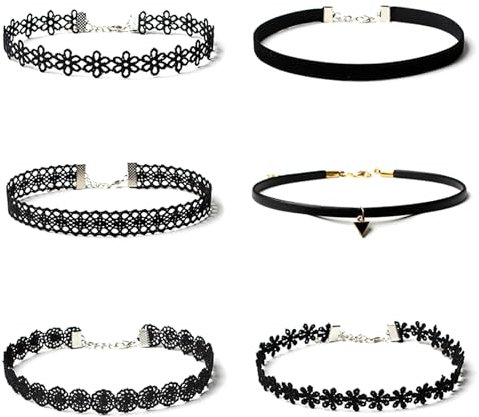 Febbya Choker Necklace Set,6Pack Stretch Necklaces Tattoo Choker for Teen Girls Women Elastic Velvet Black 28+7CM