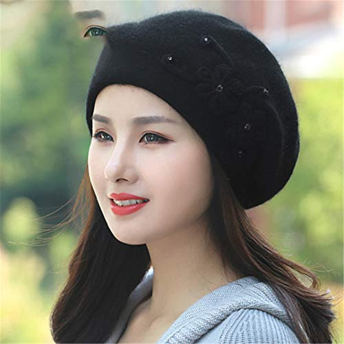 Renost Frauen Winter Angora Beret Warm Strick Mütze Flower Soft Classic Thermal Caps Black One Size