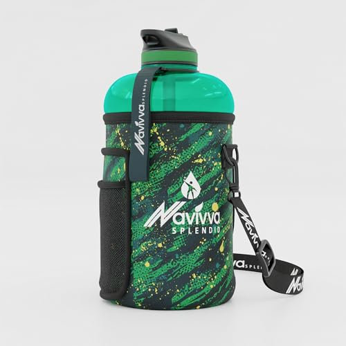 NAVIVVA SPLENDID Large 2L Water Bottle with Insulating Neoprene Cover and Straw Lid - BPA-Free, Dishwasher Safe, Portable, Eco-friendly with Carry Handle – Huge 2.2 Litre Capacity. (Green Abstract)