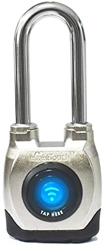 eGeeTouch Smartes Vorhängeschloss für den Außenbereich, 4. Generation, wetterfest, robustes Design für den gewerblichen Gebrauch, Bluetooth mit NFC-Schlüsselanhänger (langer Bügel), 1 Stück