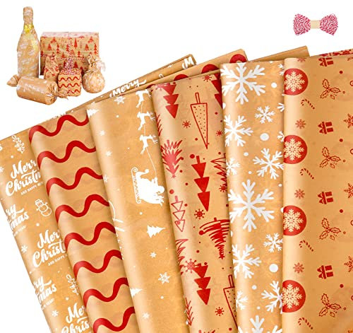 Sweelov 120 Blatt Weihnachtliches Seidenpapier Kraftpapier Geschenkpapier mit 30M Bindfäden für Basteln Verpacken Dekorieren, 50x35cm, 6 Muster