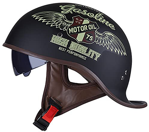 Hanhua Adult Motorcycle Half Helmet DOT/ECE Approved Men Women German Style Half Face Helmet with UV Visor for Scooter Moped Cruiser Motorcycle Skull Cap Vintage Helmet