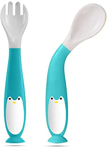 Quesuc Ensemble Cuillère Fourchette Set avec Travel Safe Case Toddler Babies Enfants Nourrir les Cuillères d'Entraînement (2 pièces, Bleu Ciel)