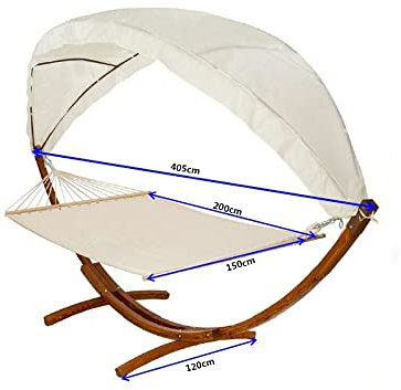 2 Person Cotton Hammock with Wooden Arc Stand & Canopy | Floor Standing Swing Bed for Garden, Patio, Yard | Russian Larch Wood, Detachable Hammock Chair Seat, Weather Resistant