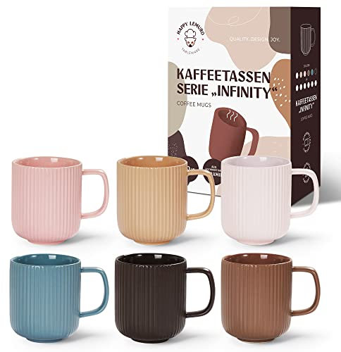 Happy Lemuro Kaffeetassen - Design Tassen, 6 x 360 ml, matt. Moderne Keramik Tasse für Kaffee und Tee. Groß und hochwertig. In 6 Erdfarben