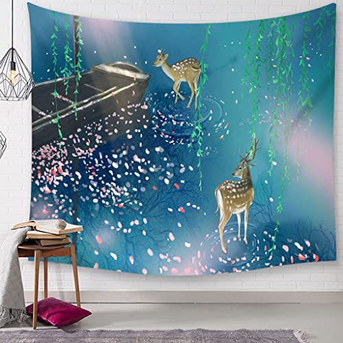 Tapiz De Navidad Tapiz De Pared Barato Azul Pintura Del Arte De Los Ciervos Del Lago Tapiz Egipcio Tapiz Tela Puertas Interiores Para La Decoración De La Sala De Estar Del Dormitorio 94x86 Inches