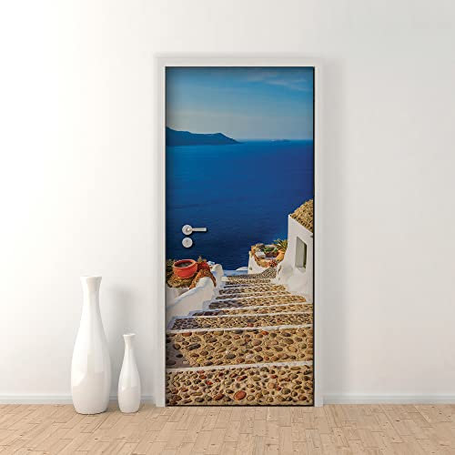 CREARREDA Adesivi per Porte in PVC Premium, Door Cover Santorini Scalinata, Applicazione Facile e Senza Bolle, Rivestimenti per Porte da Interno 83 x 210 Rifilabili, 20170