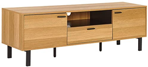 Meuble Support TV 2 Portes Façade Bois Clair et Pieds en Métal Noir Claremont