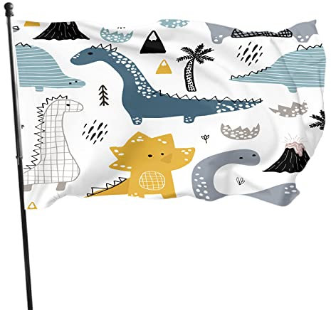 Dinosauro Bandiera 3x5 FT Simpatici Animali Dinosauri Con Palma Pioggia Polka Dot Montagna Vulcano Bandiere All'aperto Grande Benvenuto Cortile Striscioni Casa Giardino Cortile Prato Decor