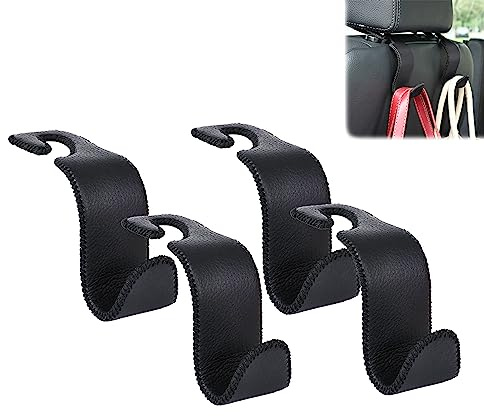 Amooca Car Seat Headrest Hooks, Universal Vehicle Storage Hanger Leather with Metal Car Seat Back Organizer for Handbag, Purse, Coat, Black, 4 Pack