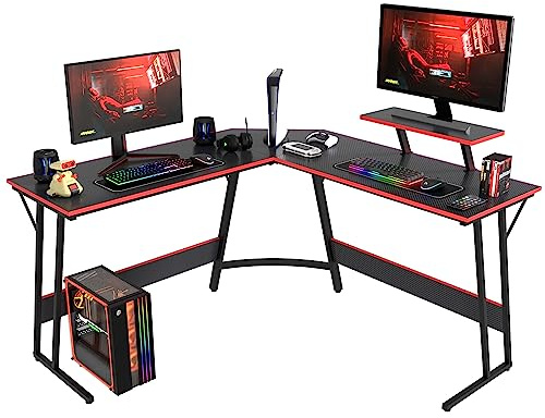 PayLessHere L-Shaped Corner Computer Gaming Desk | Black Large Desktop Metal Frame Black L-shaped corner structure saves room