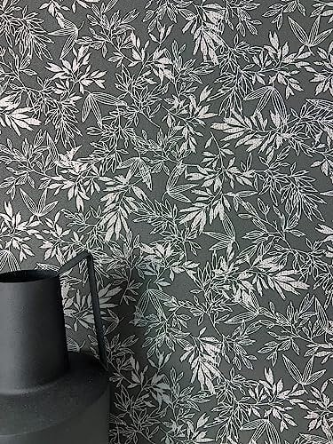 Newroom Tapete Schwarz Vliestapete Blätter - Blumentapete Floral Grau Blumen Äste Blätter Romantisch Rosentapete Vintage inkl. Tapezier-Ratgeber