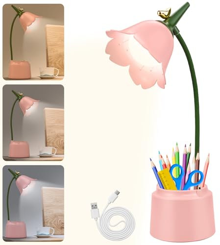 Schreibtischlampe Kinder mit Stifthalter, Dimmbare LED Nachttischlampe 3 Farbtemperaturen, Tischlampe mit 360° Flexibel Arm Schwanenhal, Wiederaufladbare Schreibtischlampe für Lesen, Lernen (PINK)